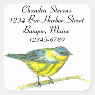 Sticker Carré Aquarelle d'oiseau Paruline Adresse de retour