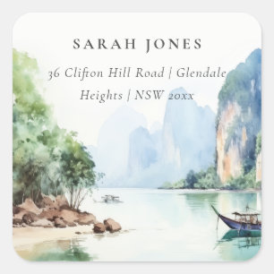 Sticker Carré Aquarelle douce Côte Thaïlande Adresse du paysage 