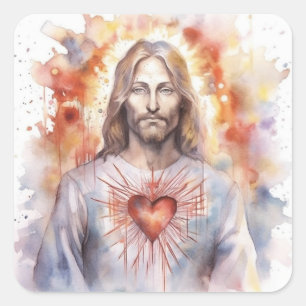 Sticker Carré Aquarelle du coeur sacré de Jésus