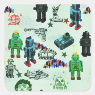 Sticker Carré Aquarelle du robot spatial Vintage