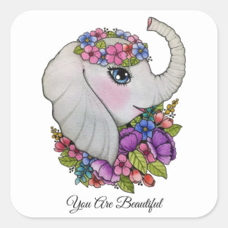 Sticker Carré Aquarelle Eléphant Avec Fleurs Sauvages