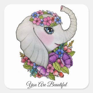 Sticker Carré Aquarelle Eléphant Avec Fleurs Sauvages