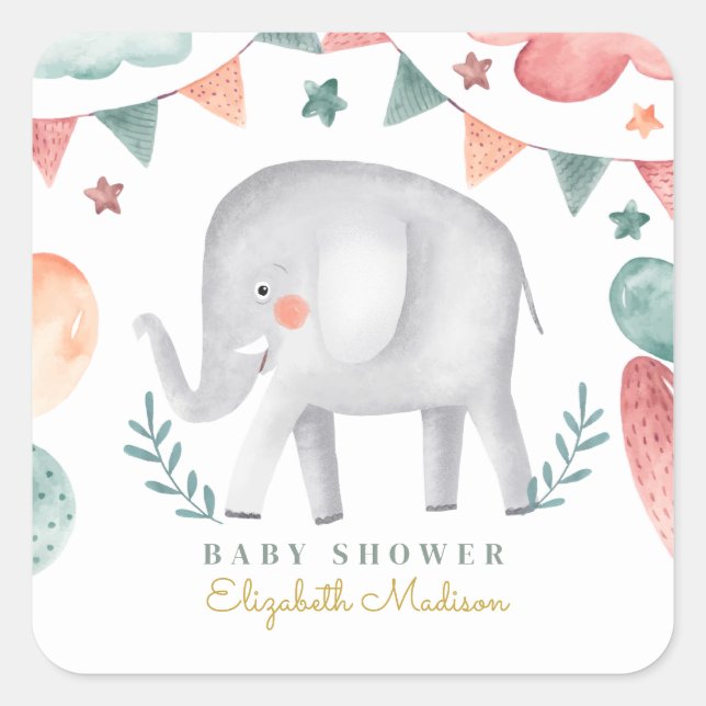 Sticker Carré Aquarelle Eléphant Baby shower mignet (Devant)