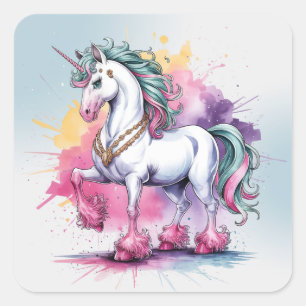 Sticker Carré Aquarelle enchantée Unicorne fête d'anniversaire