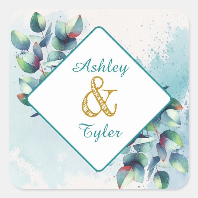 Sticker Carré Aquarelle Eucalyptus Mariage botanique (Devant)