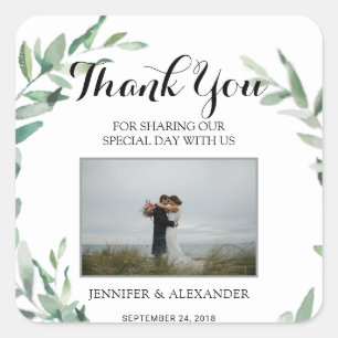Sticker Carré Aquarelle feuille photo Mariage Merci Favor