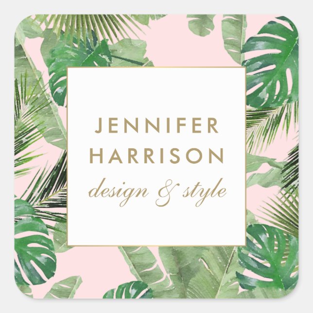 Sticker Carré Aquarelle Feuille tropical Motif sur rose (Devant)