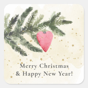 Sticker Carré Aquarelle Fir Tree + Ornement Coeur Rouge Carré S