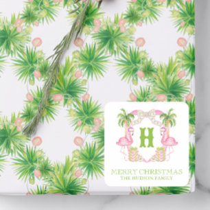 Sticker Carré Aquarelle Flamant rose rose Monogramme Crest Noël
