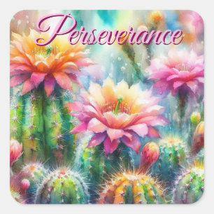 Sticker Carré Aquarelle Fleur Cactus Succulent Cactus Rose