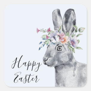 Sticker Carré Aquarelle Fleur Couronne Bunny Pâques