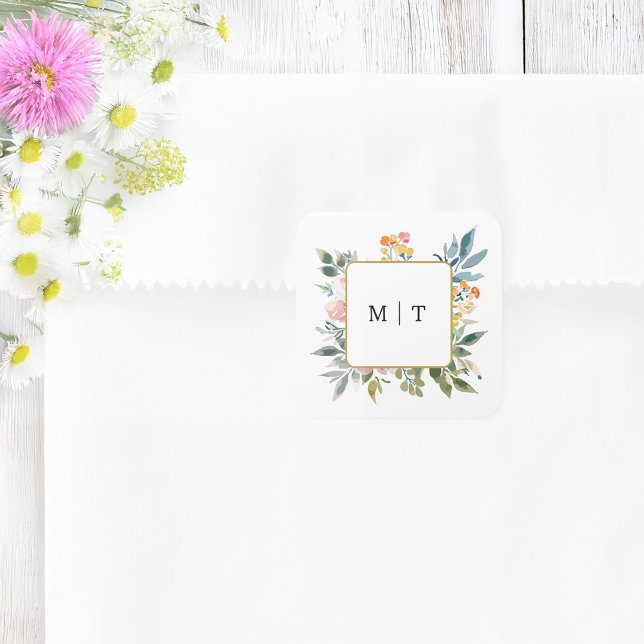 Sticker Carré Aquarelle Fleur sauvage Floral Mariage Monogramme (Créateur téléchargé)