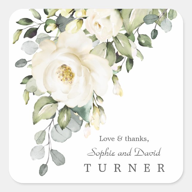 Sticker Carré Aquarelle Fleurs blanches Eucalyptu Foliage Mariag (Devant)