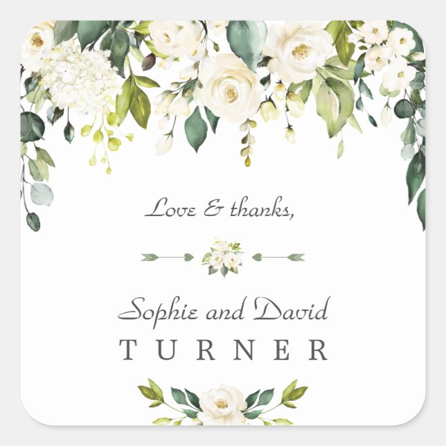 Sticker Carré Aquarelle Fleurs blanches Mariage de feuillage ver (Devant)