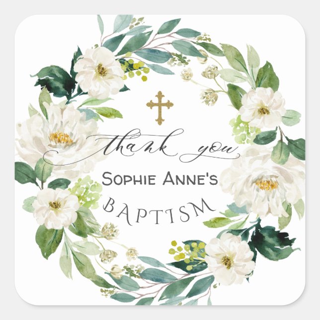 Sticker Carré Aquarelle Fleurs blanches Wreath Cross Baptism (Devant)