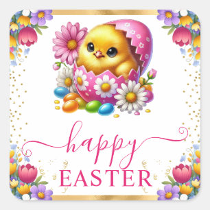 Sticker Carré Aquarelle Fleurs de printemps de Pâques poussins J