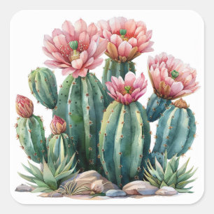Sticker Carré Aquarelle fleurs du désert cactus.