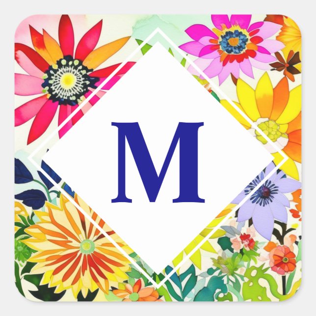 Sticker Carré Aquarelle Fleurs Monogrammes (Devant)