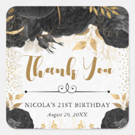 Sticker Carré Aquarelle Fleurs noires et or Anniversaire