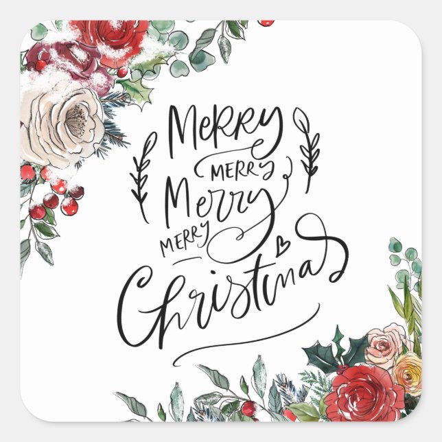 Sticker Carré Aquarelle Floral Holly Joyeux Noël (Devant)