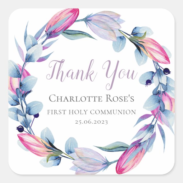 Sticker Carré Aquarelle Floral Wreath Communion Merci (Devant)