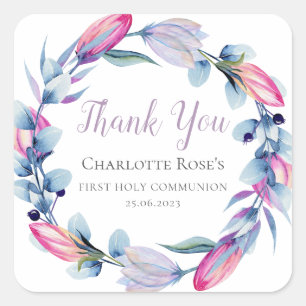 Sticker Carré Aquarelle Floral Wreath Communion Merci