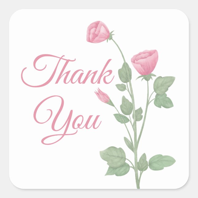 Sticker Carré Aquarelle florale Fleurs roses Merci Mariage (Devant)