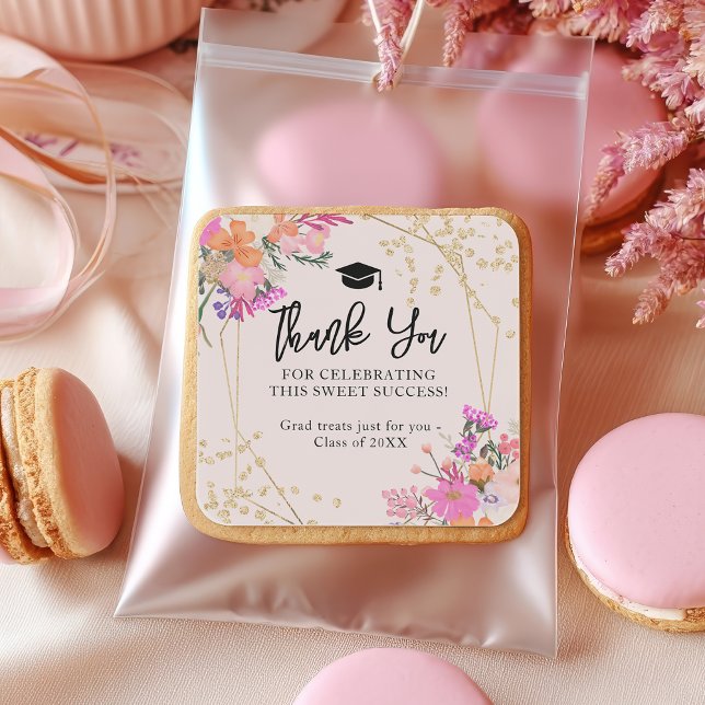 Sticker Carré Aquarelle florale parties scintillant or Merci gra (Gold glitter floral watercolor Thanks graduation Square Sticker)