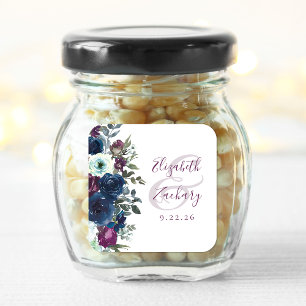 Sticker Carré Aquarelle Florale Prune Bleu Nuit Mariage