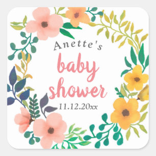 Sticker Carré Aquarelle Florale rose   BABY SHOWER