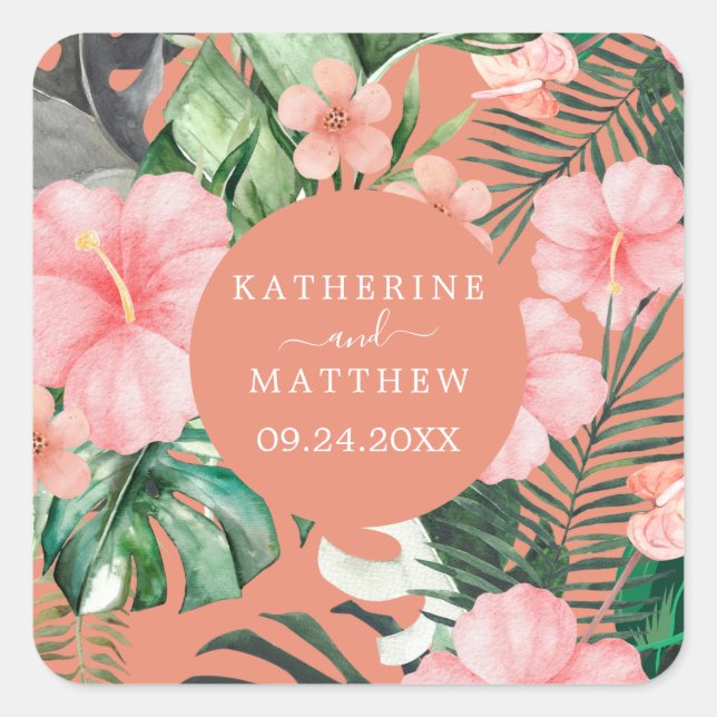 Sticker Carré Aquarelle florale tendance Mariage vert tropical (Devant)