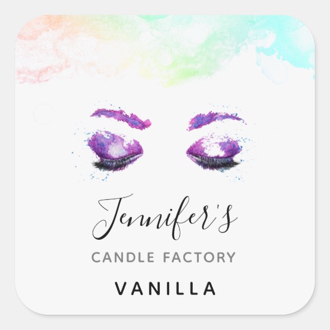 Sticker Carré Aquarelle glamour aux yeux et aux bouillons pourpr (Devant)