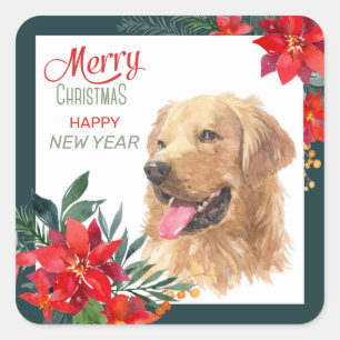 Sticker Carré Aquarelle Golden Retriever Poinsettia Bouquet