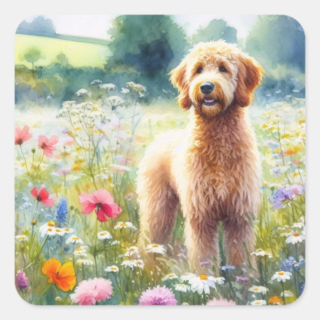 Sticker Carré Aquarelle Goldendoodle Chien Champ Fleur sauvage (Devant)