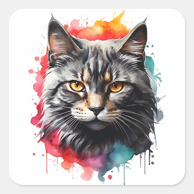 Sticker Carré Aquarelle Gris Tabby Chat Splatt Art Portrait (Devant)