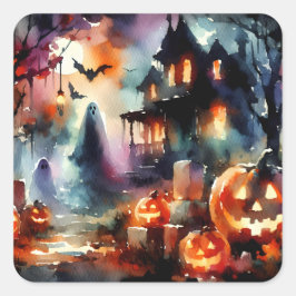 Sticker Carré Aquarelle Halloween Scene House Fantômes Citrouill