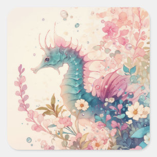 Sticker Carré Aquarelle Hippocampe Bleu-vert et Magenta