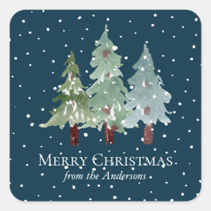 Sticker Carré Aquarelle hiver Pin neigeux Noël