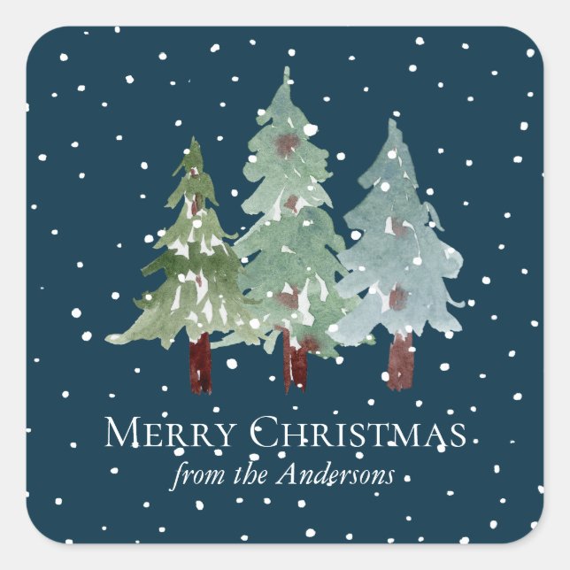 Sticker Carré Aquarelle hiver Pin neigeux Noël (Devant)