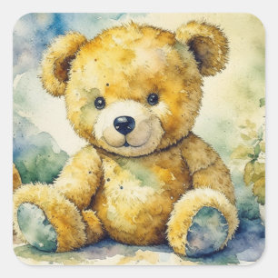 Sticker Carré Aquarelle illustrant un Merci d'ours en peluche