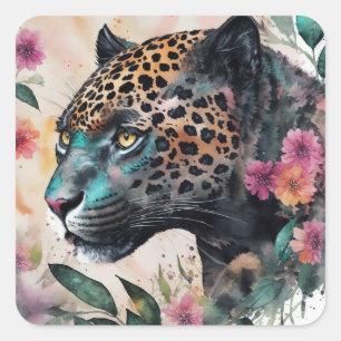 Sticker Carré Aquarelle Jaguar Art Floral
