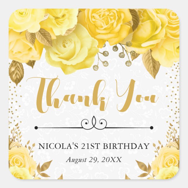 Sticker Carré Aquarelle Jaune Glam Roses Anniversaire (Devant)