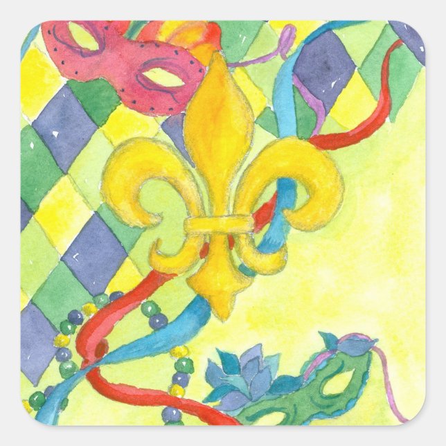 Sticker Carré Aquarelle Jaune Mardi Gras Fleur De Lis (Devant)