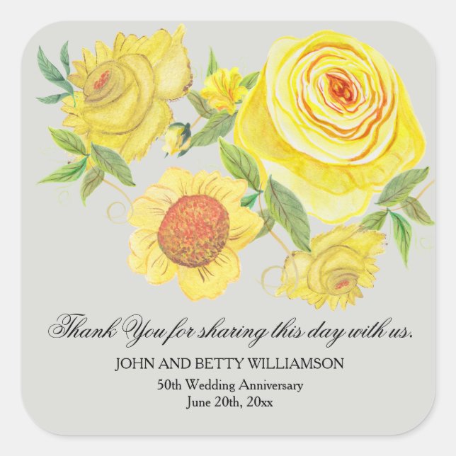 Sticker Carré Aquarelle jaune Roses 50e anniversaire (Devant)