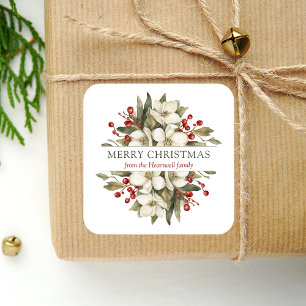 Sticker Carré Aquarelle Joyeux Noël Floral Magnolia Baies