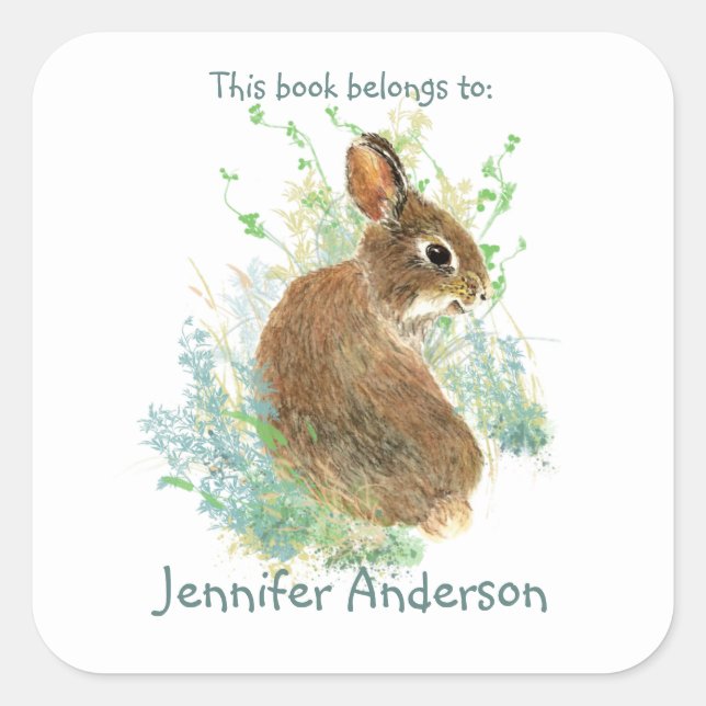 Sticker Carré Aquarelle Lapin Lapin Cute Animal Fun Plaque d'enr (Devant)