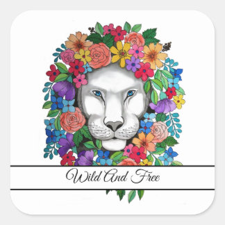Sticker Carré Aquarelle Lion Et Fleurs Arc En Ciel