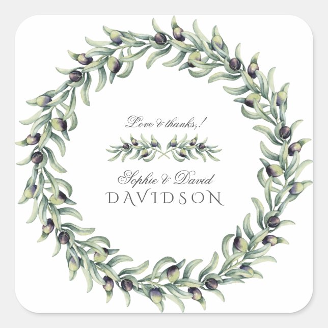 Sticker Carré Aquarelle luxuriante Branches d'olive Mariage de c (Devant)