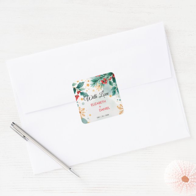 Sticker Carré Aquarelle Mariage de Noël avec Holly (Enveloppe)