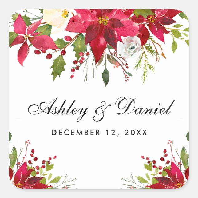 Sticker Carré Aquarelle Mariage de vacances Poinsettia Floral (Devant)
